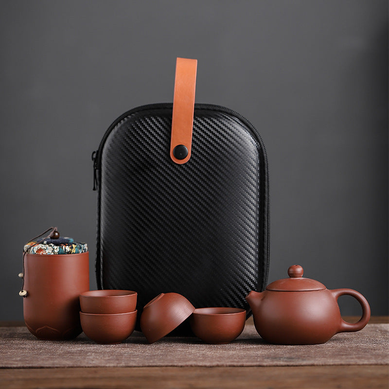 Coffret de voyage pour thé en argile violette – Théière, 4 tasses, accessoires et sac de transport