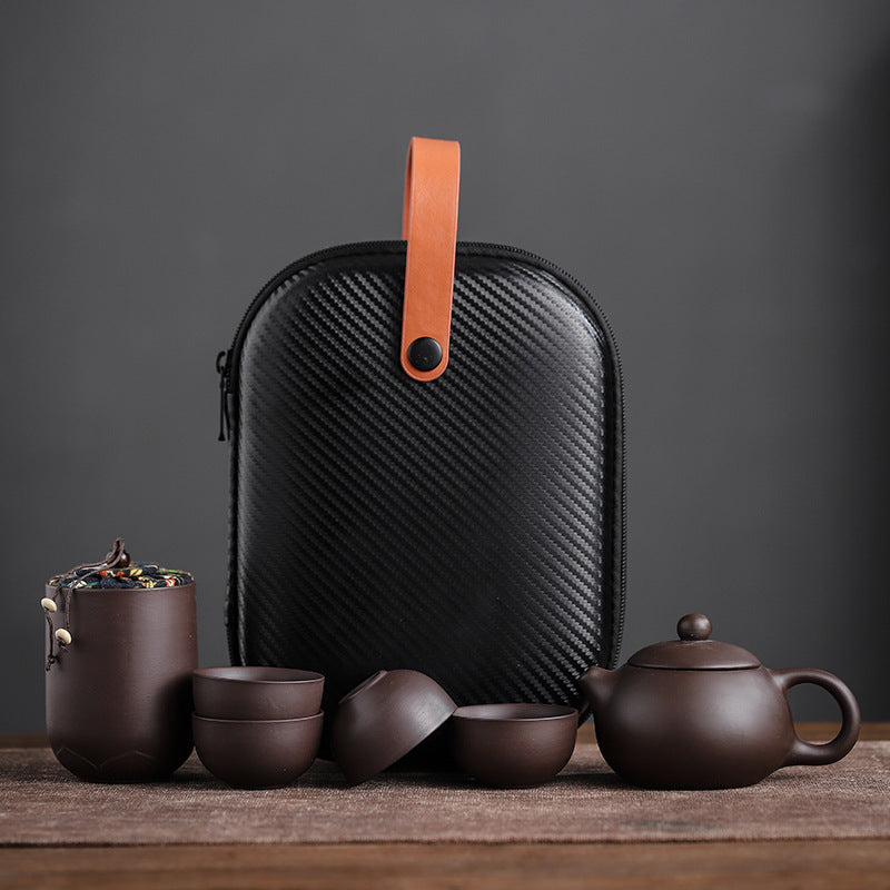 Coffret de voyage pour thé en argile violette – Théière, 4 tasses, accessoires et sac de transport