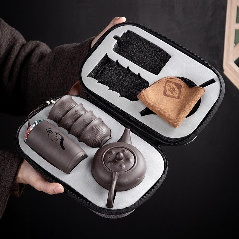 Set de voyage pour thé en argile violette – Théière, 4 tasses, boîte à thé et sac de transport