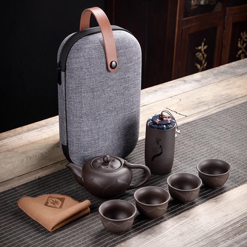Set de voyage pour thé en argile violette – Théière, 4 tasses, boîte à thé et sac de transport