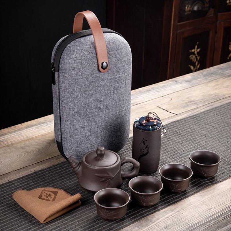 Set de voyage pour thé en argile violette – Théière, 4 tasses, boîte à thé et sac de transport