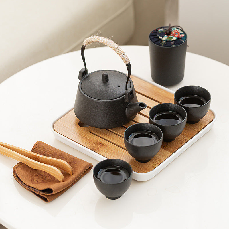 Coffret service à thé en porcelaine avec plateau en bambou – Théière, 4 tasses et accessoires