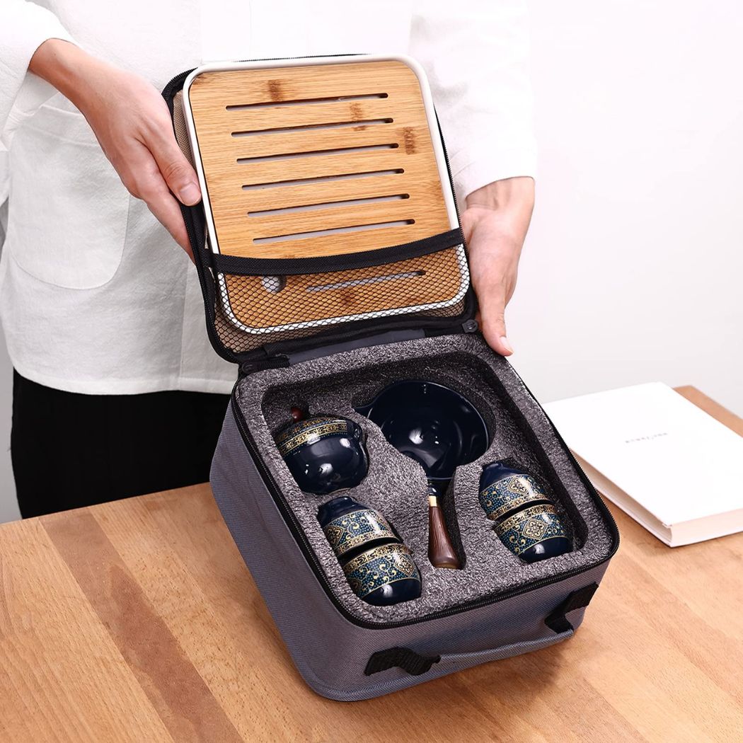Set de thé en porcelaine fine – Théière, 4 tasses, plateau et sac de transport