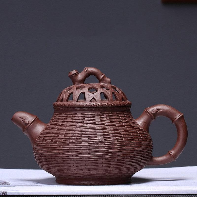 Théière artisanale en argile violette – Motif tressage bambou, 350 ml