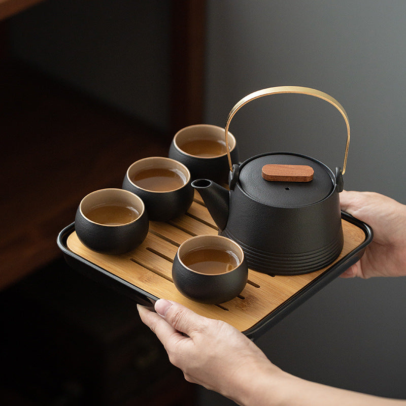 Service à thé en céramique avec plateau en bambou – Théière, 4 tasses et accessoires
