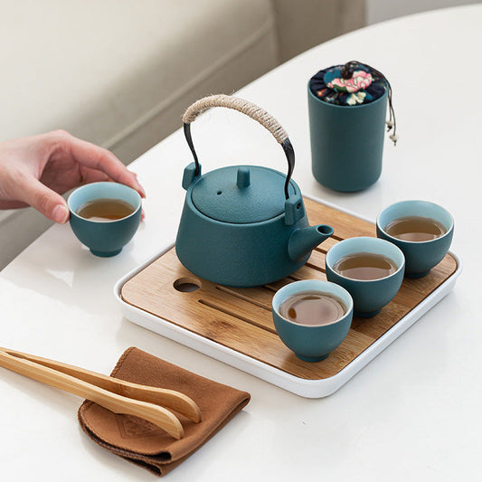 Coffret service à thé en porcelaine avec plateau en bambou – Théière, 4 tasses et accessoires