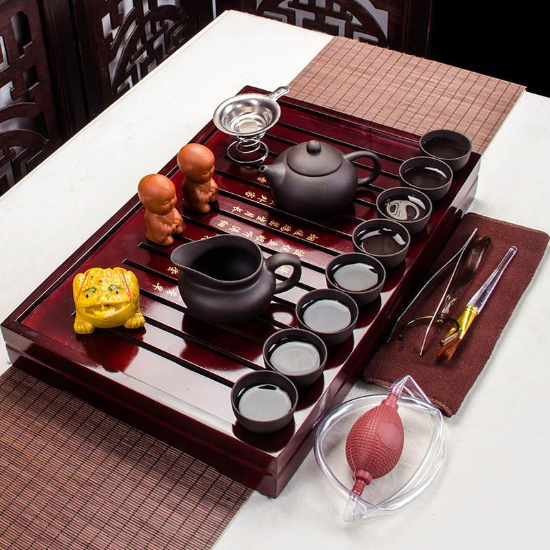 Coffret complet service à thé en argile violette – Théière, accessoires et support bois