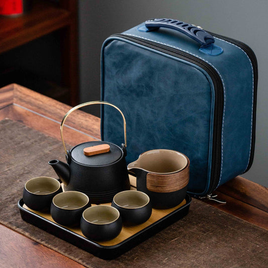 Service à thé en céramique avec plateau en bambou – Théière, 4 tasses et accessoires