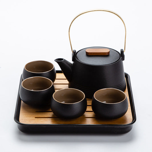 Service à thé en céramique avec plateau en bambou – Théière, 4 tasses et accessoires