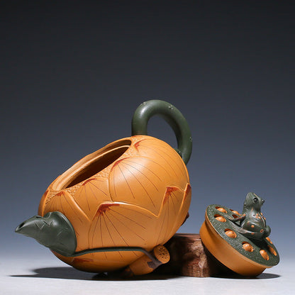 Théière artisanale en argile duan ni – Décor grenouille et lotus, 420 ml