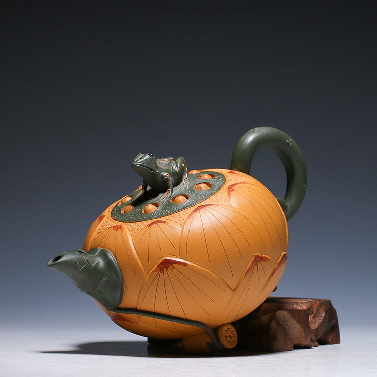 Théière artisanale en argile duan ni – Décor grenouille et lotus, 420 ml