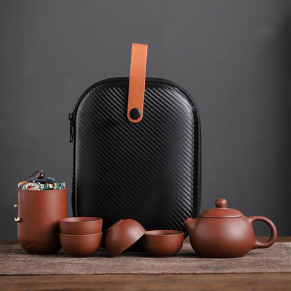 Coffret de voyage pour thé en argile violette – Théière, 4 tasses, accessoires et sac de transport