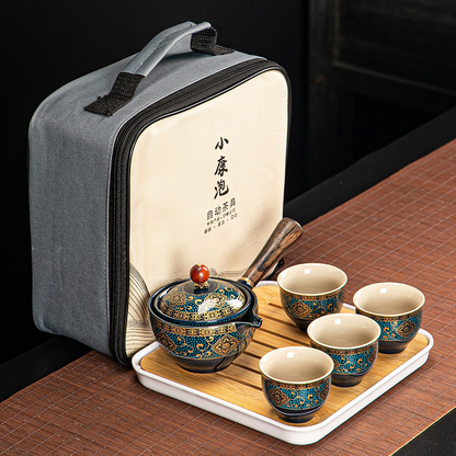 Set de thé en porcelaine fine – Théière, 4 tasses, plateau et sac de transport