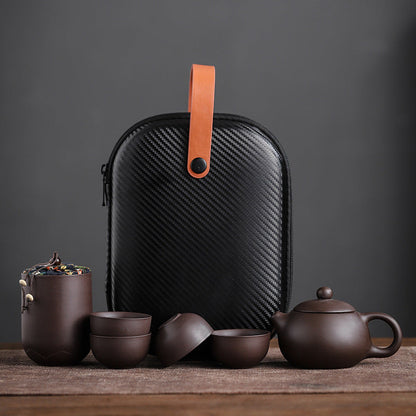 Coffret de voyage pour thé en argile violette – Théière, 4 tasses, accessoires et sac de transport
