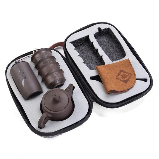Set de voyage pour thé en argile violette – Théière, 4 tasses, boîte à thé et sac de transport