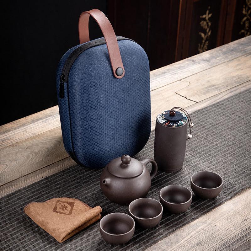 Set de voyage pour thé en argile violette – Théière, 4 tasses, boîte à thé et sac de transport