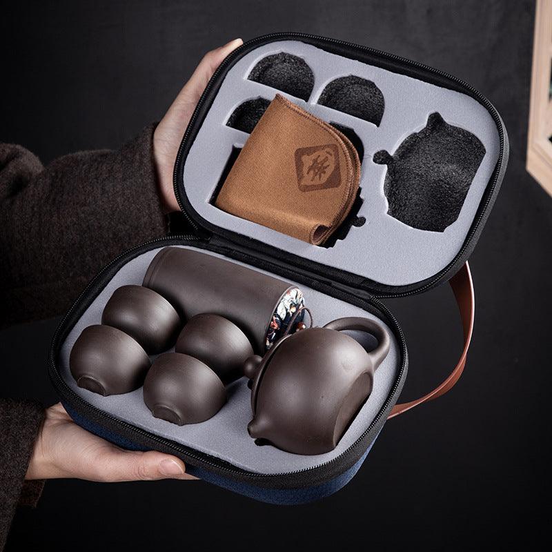 Set de voyage pour thé en argile violette – Théière, 4 tasses, boîte à thé et sac de transport