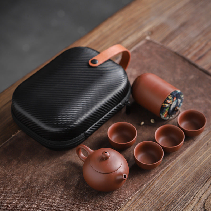 Coffret de voyage pour thé en argile violette – Théière, 4 tasses, accessoires et sac de transport