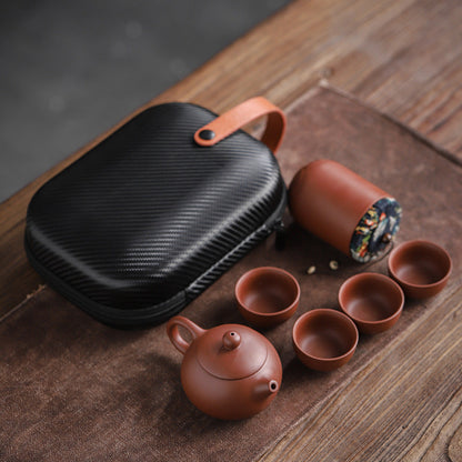 Coffret de voyage pour thé en argile violette – Théière, 4 tasses, accessoires et sac de transport