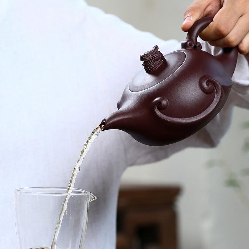 Théière artisanale en argile violette – Motif dragon, 420 ml