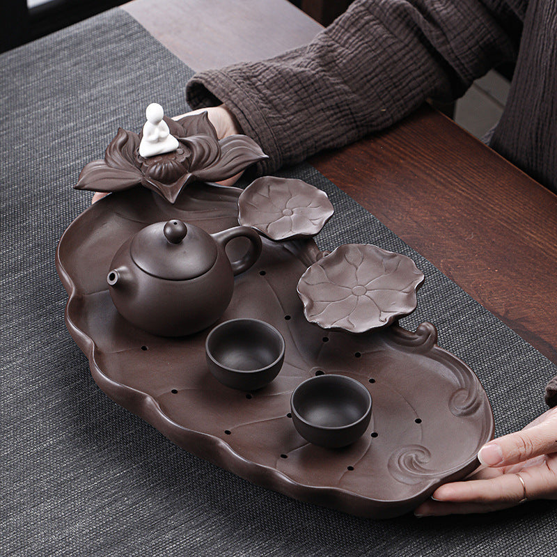 Plateau à thé en argile violette – Design étang de lotus, 39 × 22 cm