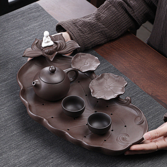 Plateau à thé en argile violette – Design étang de lotus, 39 × 22 cm