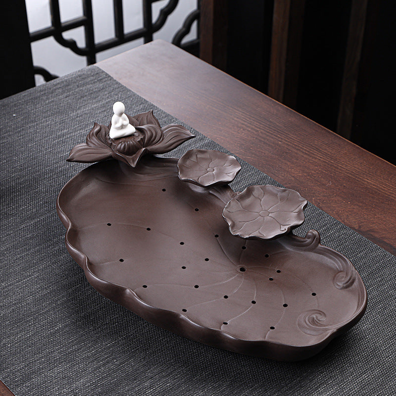 Plateau à thé en argile violette – Design étang de lotus, 39 × 22 cm