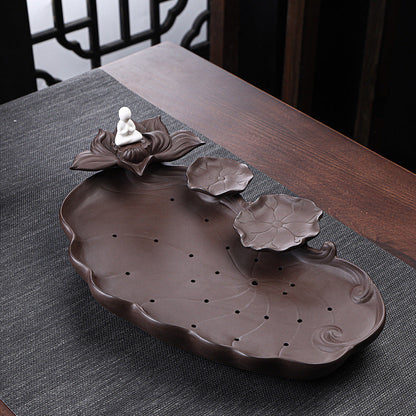 Plateau à thé en argile violette – Design étang de lotus, 39 × 22 cm