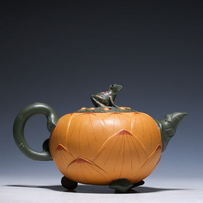 Théière artisanale en argile duan ni – Décor grenouille et lotus, 420 ml