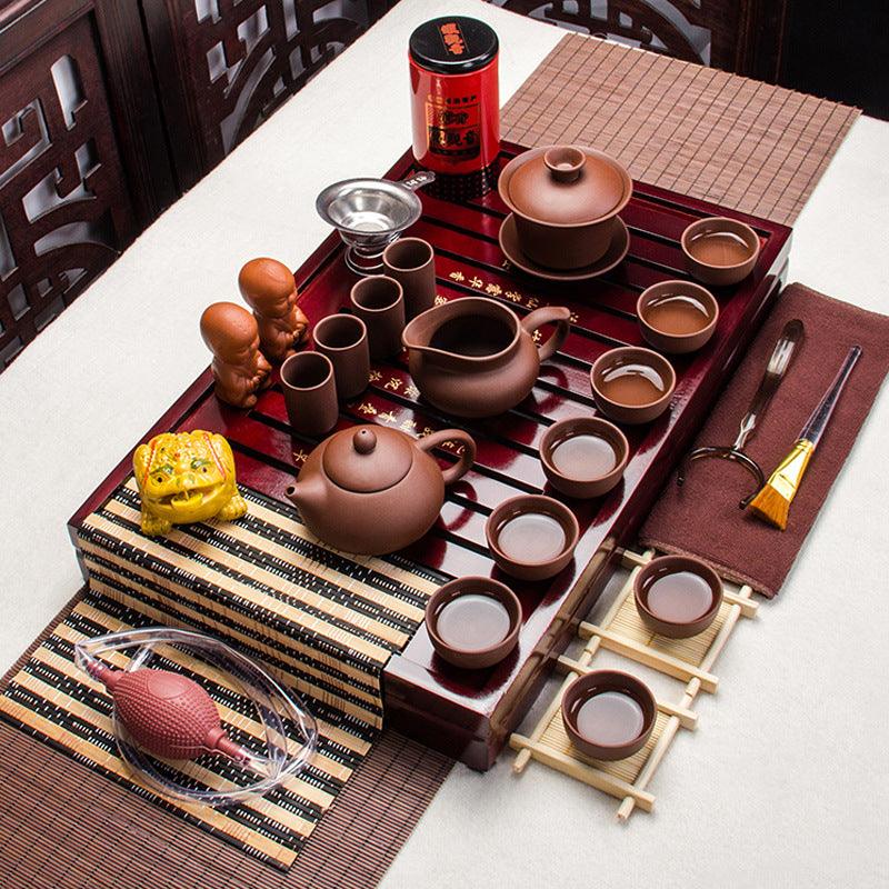 Coffret complet service à thé en argile violette – Théière, accessoires et support bois
