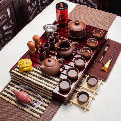Coffret complet service à thé en argile violette – Théière, accessoires et support bois