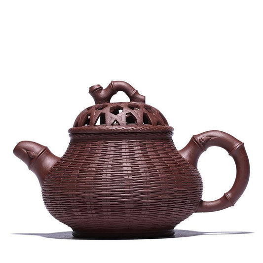 Théière artisanale en argile violette – Motif tressage bambou, 350 ml