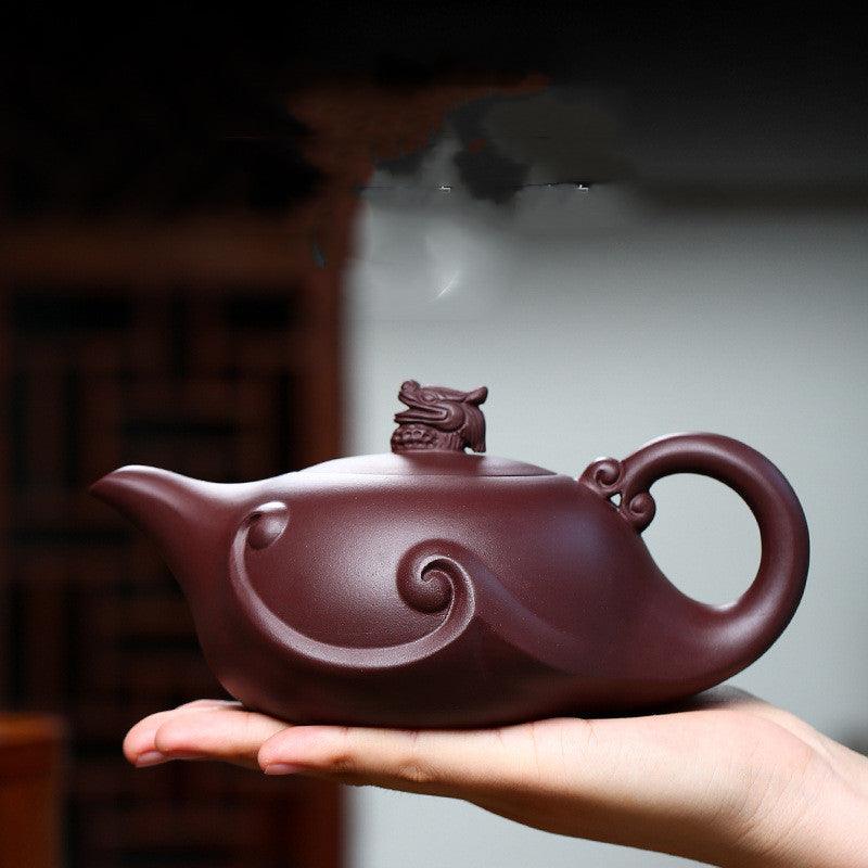 Théière artisanale en argile violette – Motif dragon, 420 ml