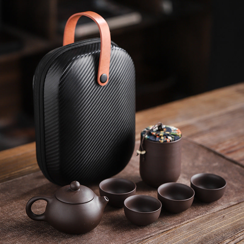 Coffret de voyage pour thé en argile violette – Théière, 4 tasses, accessoires et sac de transport