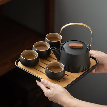 Service à thé en céramique avec plateau en bambou – Théière, 4 tasses et accessoires
