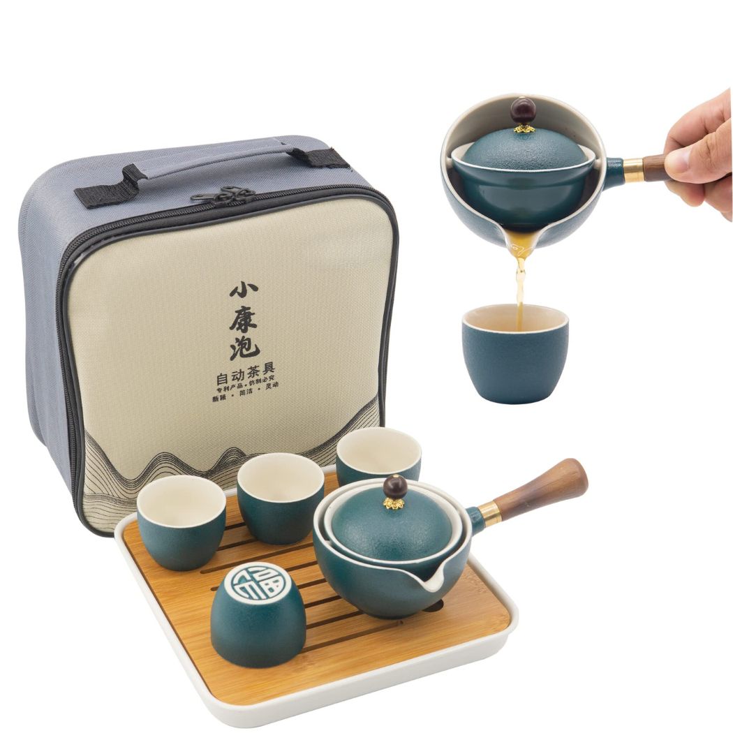 Set de thé en porcelaine fine – Théière, 4 tasses, plateau et sac de transport
