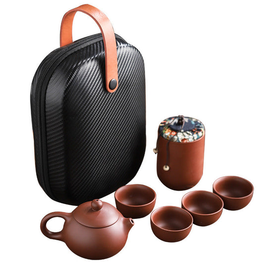 Coffret de voyage pour thé en argile violette – Théière, 4 tasses, accessoires et sac de transport
