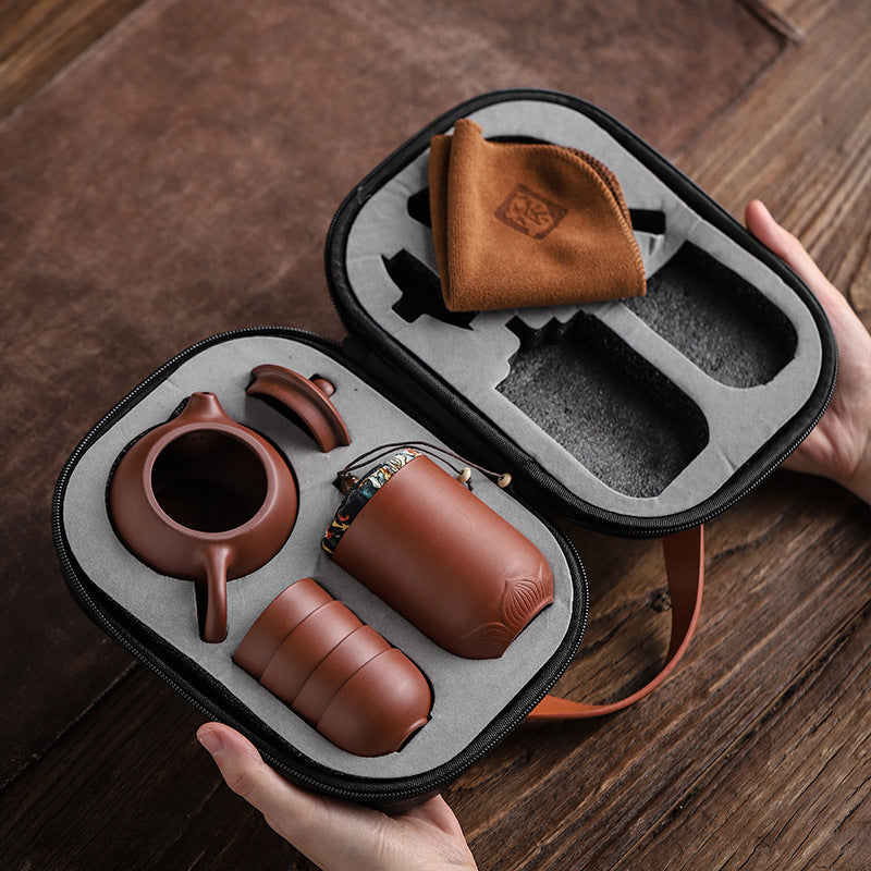 Coffret de voyage pour thé en argile violette – Théière, 4 tasses, accessoires et sac de transport