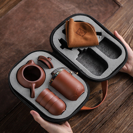 Coffret de voyage pour thé en argile violette – Théière, 4 tasses, accessoires et sac de transport