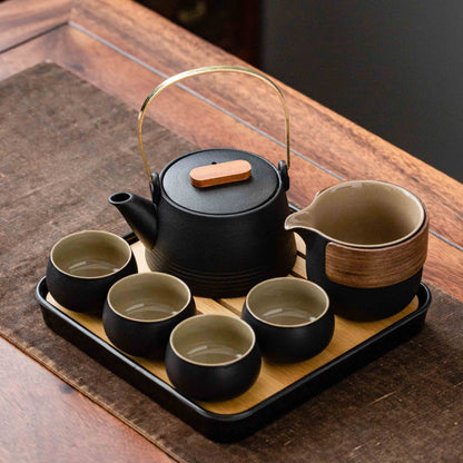 Service à thé en céramique avec plateau en bambou – Théière, 4 tasses et accessoires