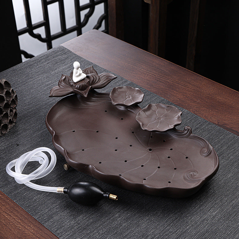 Plateau à thé en argile violette – Design étang de lotus, 39 × 22 cm