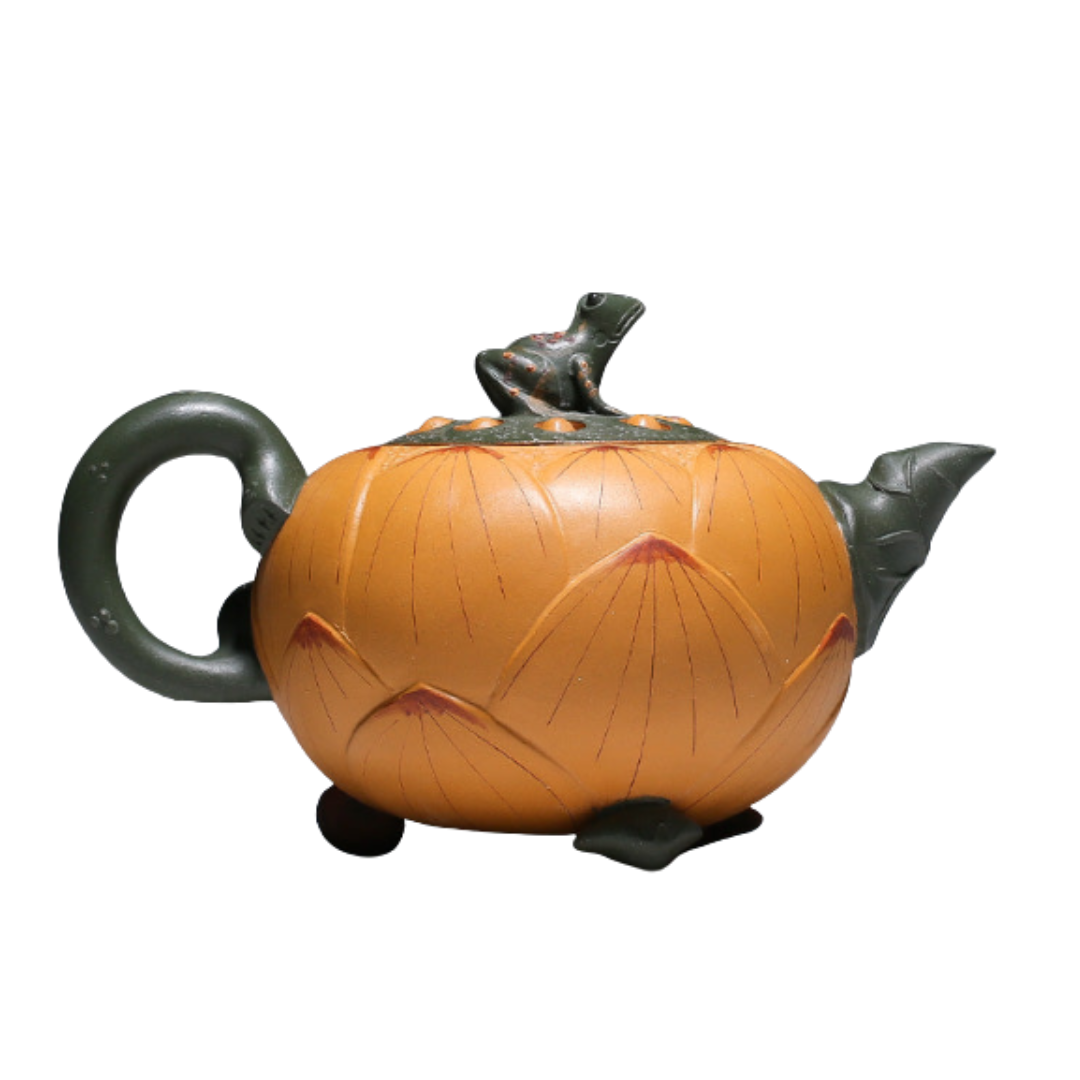 Théière artisanale en argile duan ni – Décor grenouille et lotus, 420 ml