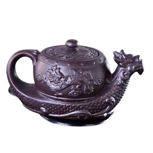 Théière artisanale en argile violette – Motif bateau dragon, 400 ml