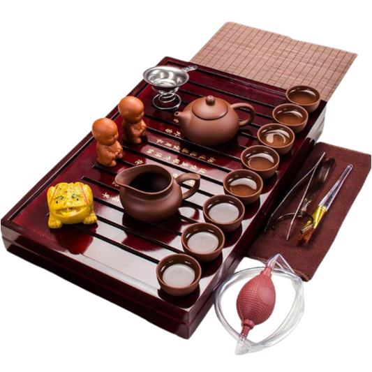 Coffret complet service à thé en argile violette – Théière, accessoires et support bois