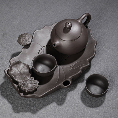 Plateau à thé en argile violette – Design étang de lotus, 39 × 22 cm