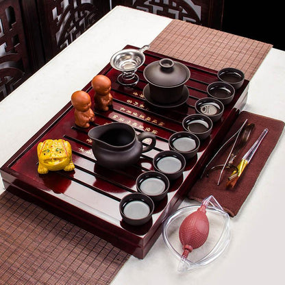 Coffret complet service à thé en argile violette – Théière, accessoires et support bois