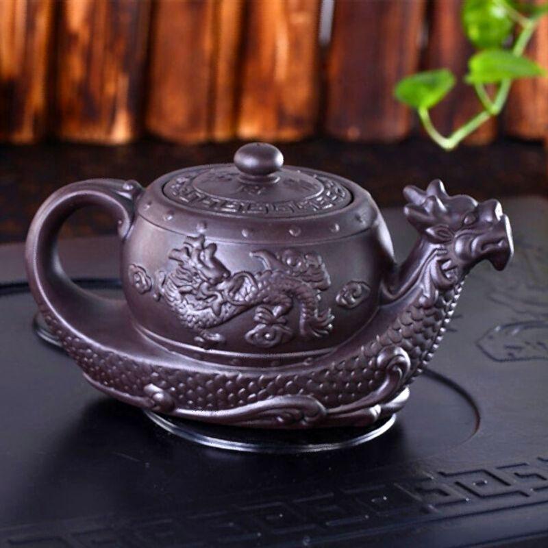 Théière artisanale en argile violette – Motif bateau dragon, 400 ml
