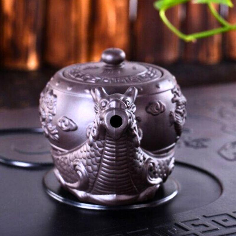 Théière artisanale en argile violette – Motif bateau dragon, 400 ml