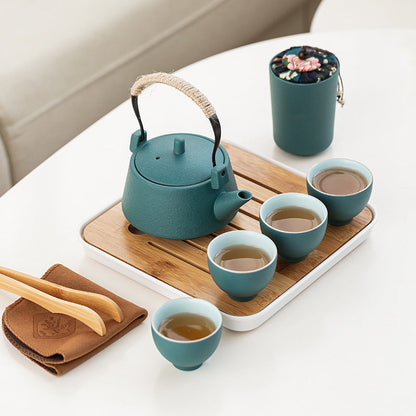 Coffret service à thé en porcelaine avec plateau en bambou – Théière, 4 tasses et accessoires