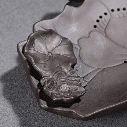 Plateau à thé en argile violette – Design étang de lotus, 39 × 22 cm